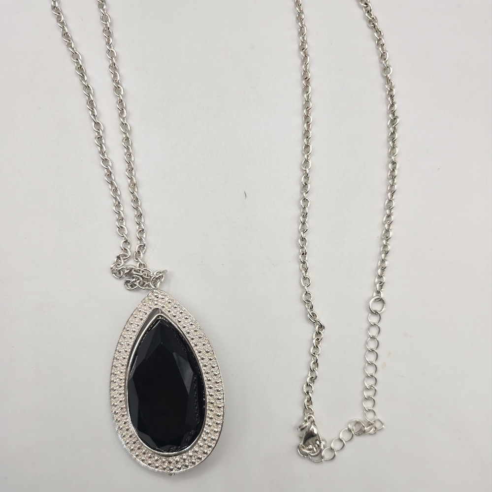 Silver Tone Faux Black Onyx Faceted Teardrop Stone Necklace Long 40” - Picture 2 of 5